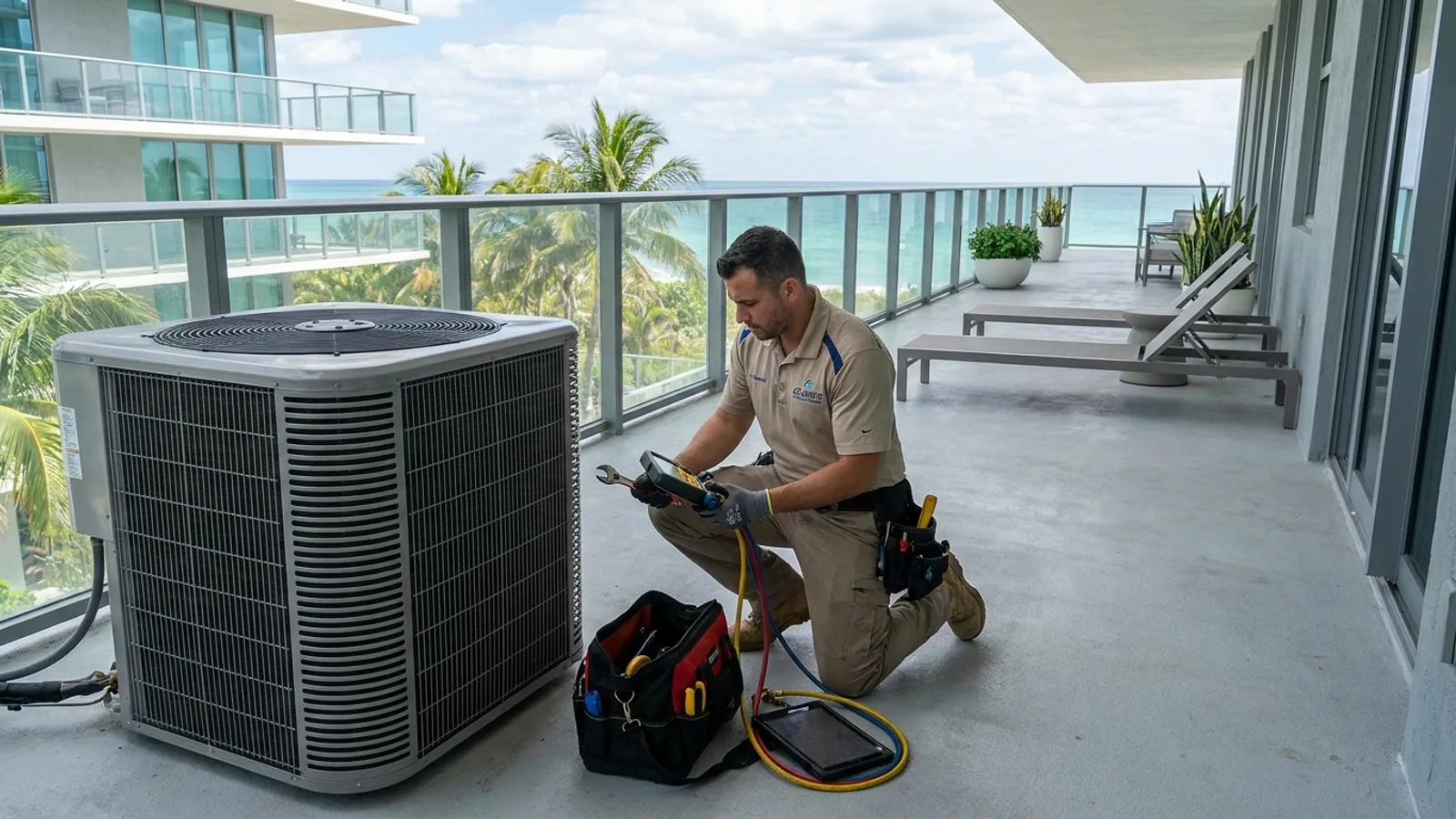 HVAC technician repairing a central air conditioning unit on a Miami Beach condo balcony overlooking the city
