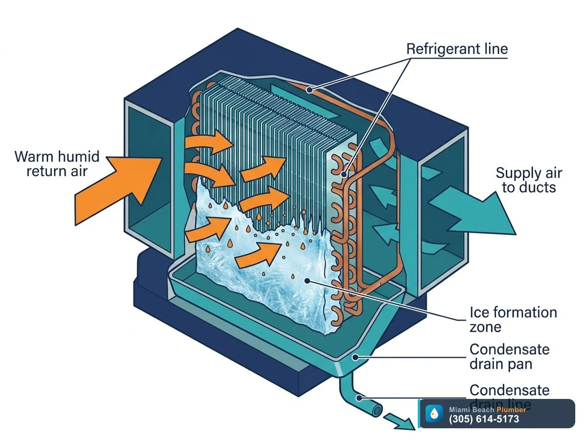 Cutaway diagram showing how an AC evaporator coil in Miami freezes when airflow is low and coil temperature drops below freezing