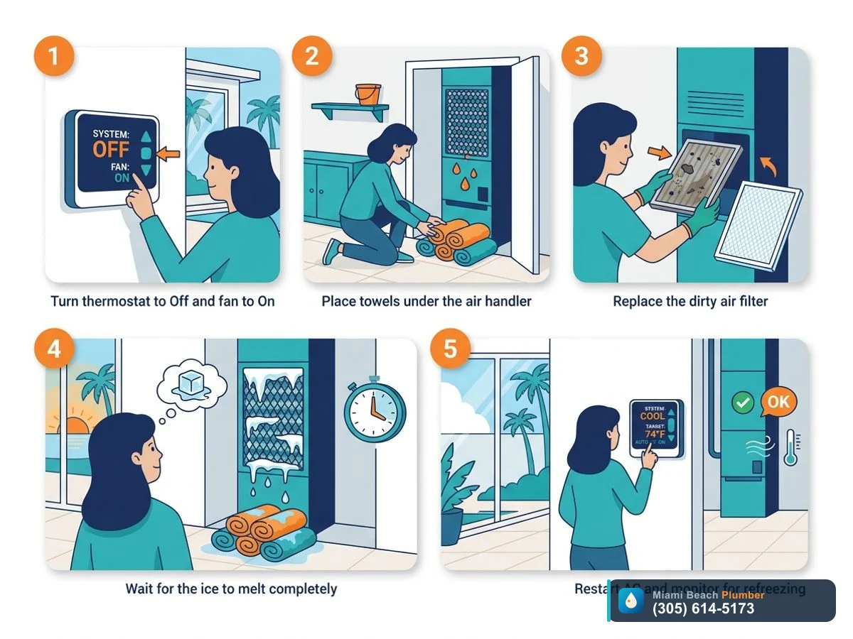 Step-by-step graphic showing how to safely thaw a frozen AC coil in a Miami home