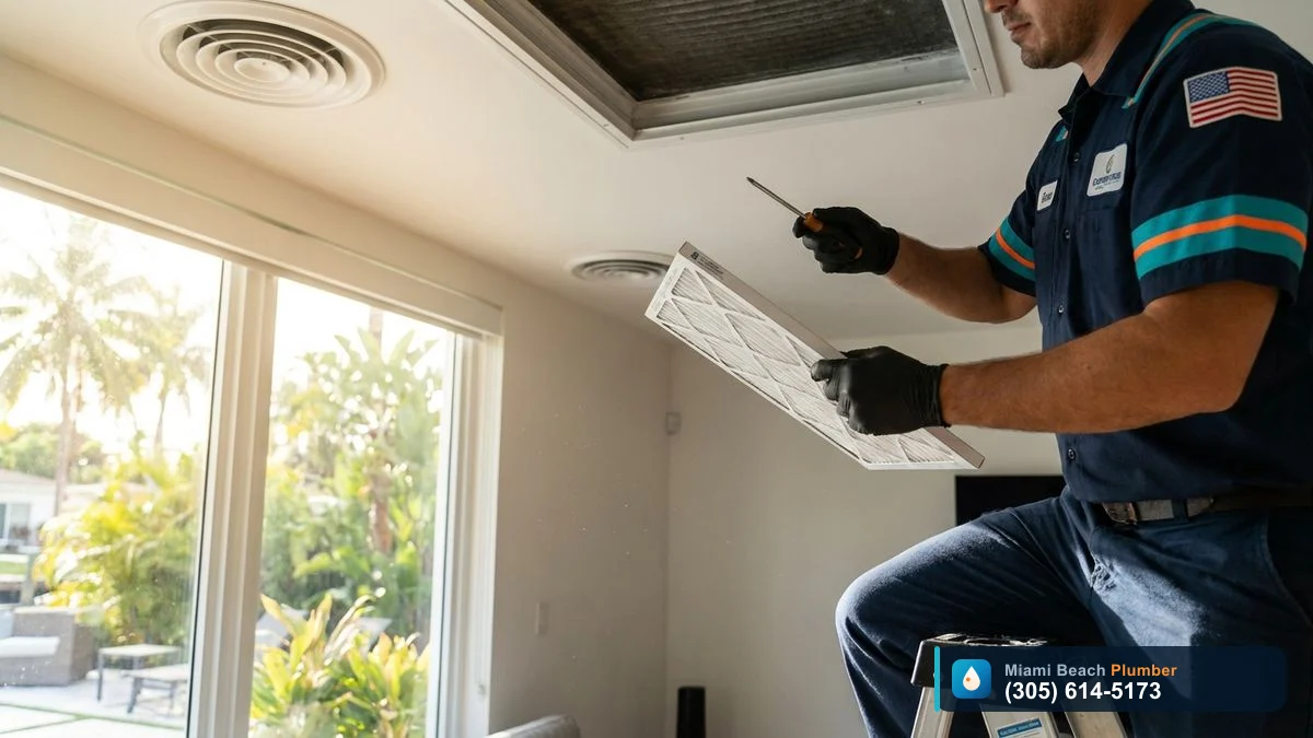 Miami homeowner replacing an AC filter to prevent a frozen evaporator coil in a humid climate