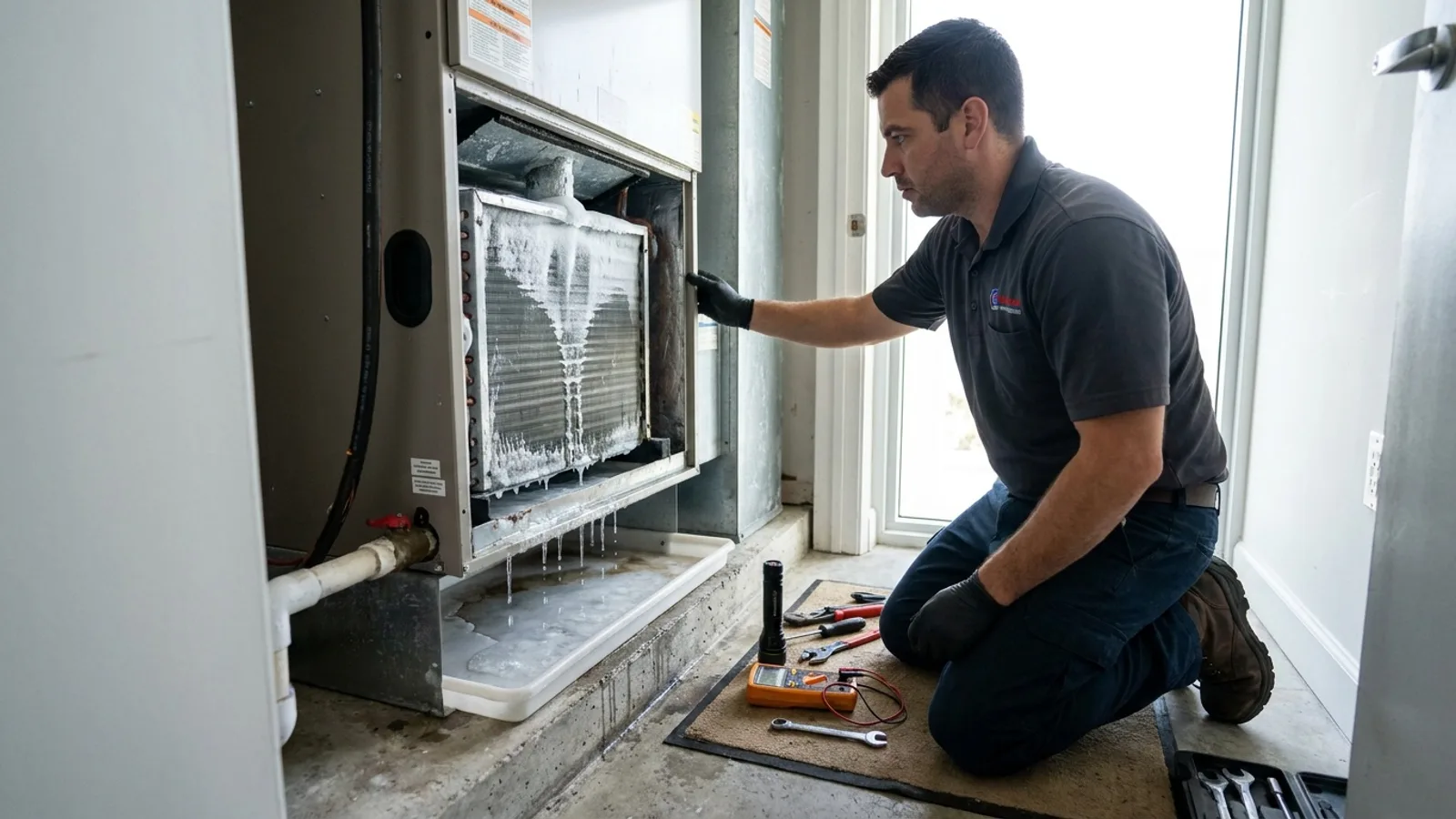 Technician inspecting a frozen AC evaporator coil inside a Miami condo air handler