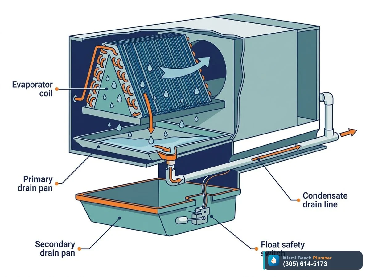 Cutaway showing how an air conditioner should drain condensate to prevent an AC leaking water inside