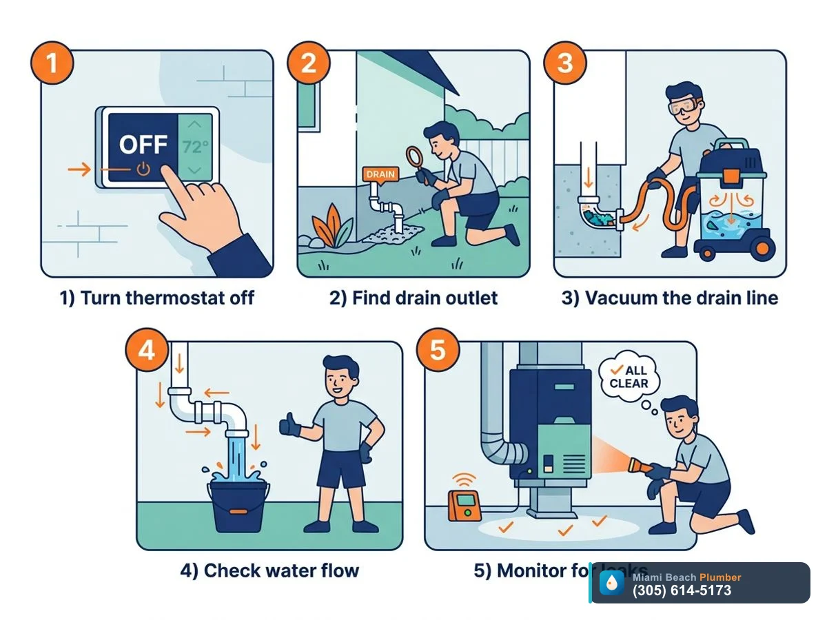 Step-by-step illustration of a homeowner doing safe basic checks on an AC leaking water inside
