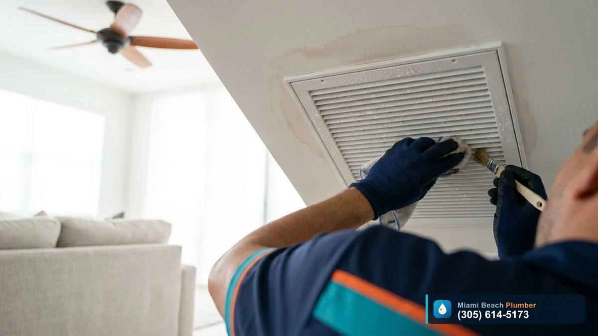 Ceiling AC vent with water dripping and stain, showing water leaking from AC vent in a Miami home
