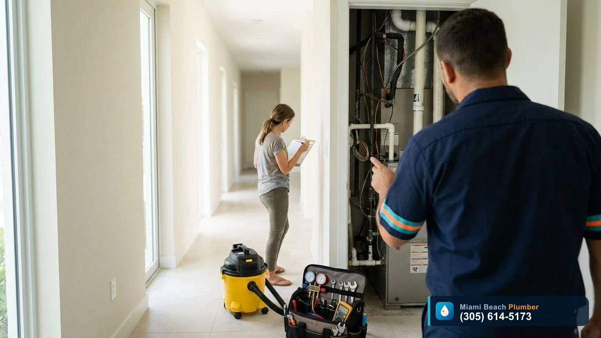 Technician explaining AC water leak repair options to a Miami homeowner near an indoor air handler