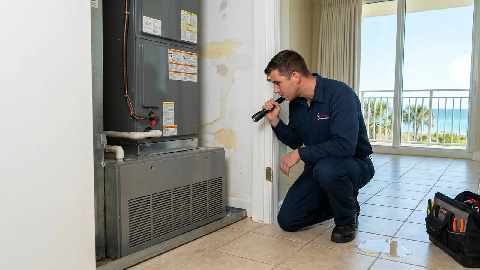 Technician inspecting an indoor air handler in a Miami condo for an AC leaking water inside