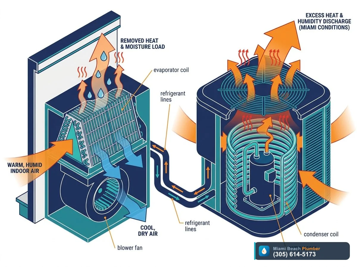 Cutaway diagram of central AC components explaining why an AC is running but not cooling