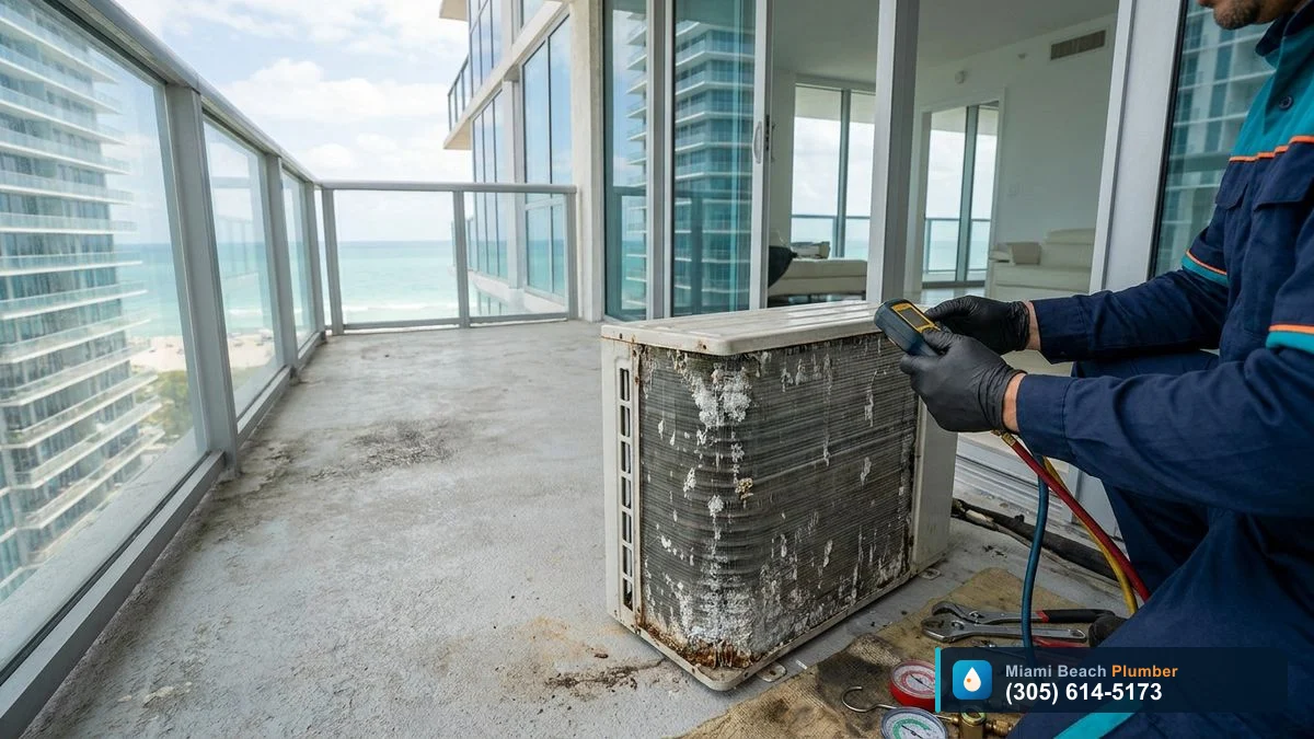 Technician inspecting a corroded AC condenser on a Miami Beach condo balcony