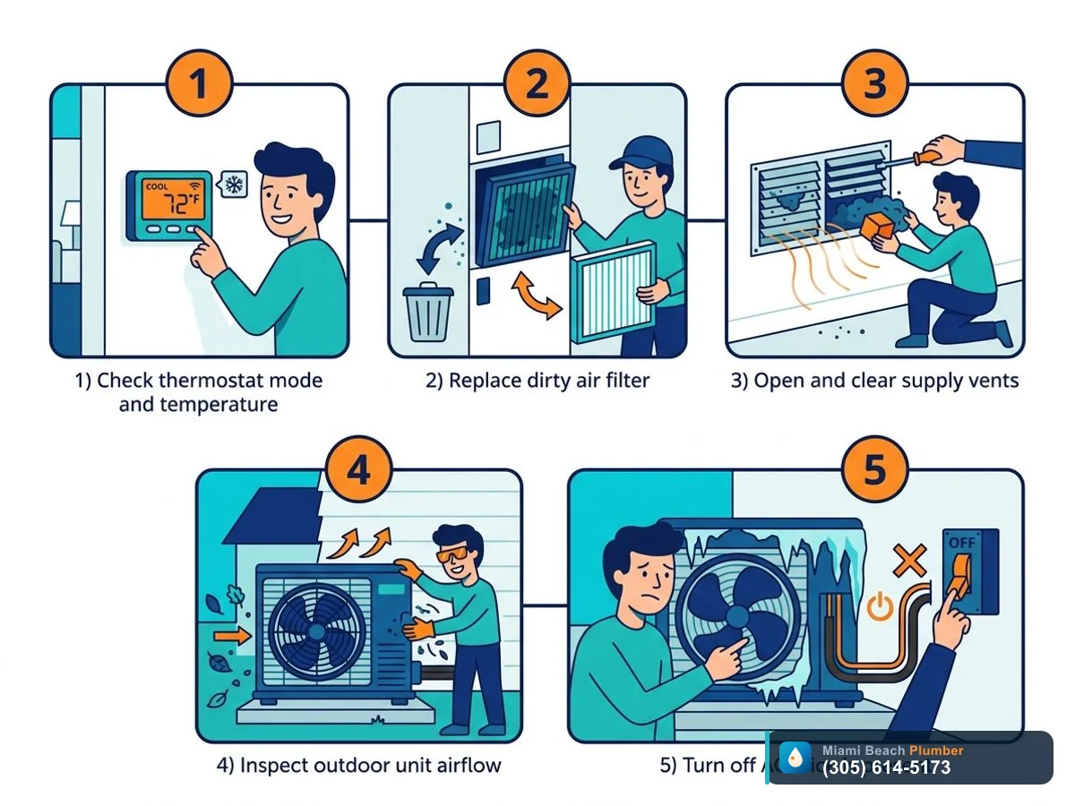 Step-by-step illustration of safe DIY checks for an AC not cooling in a Miami home