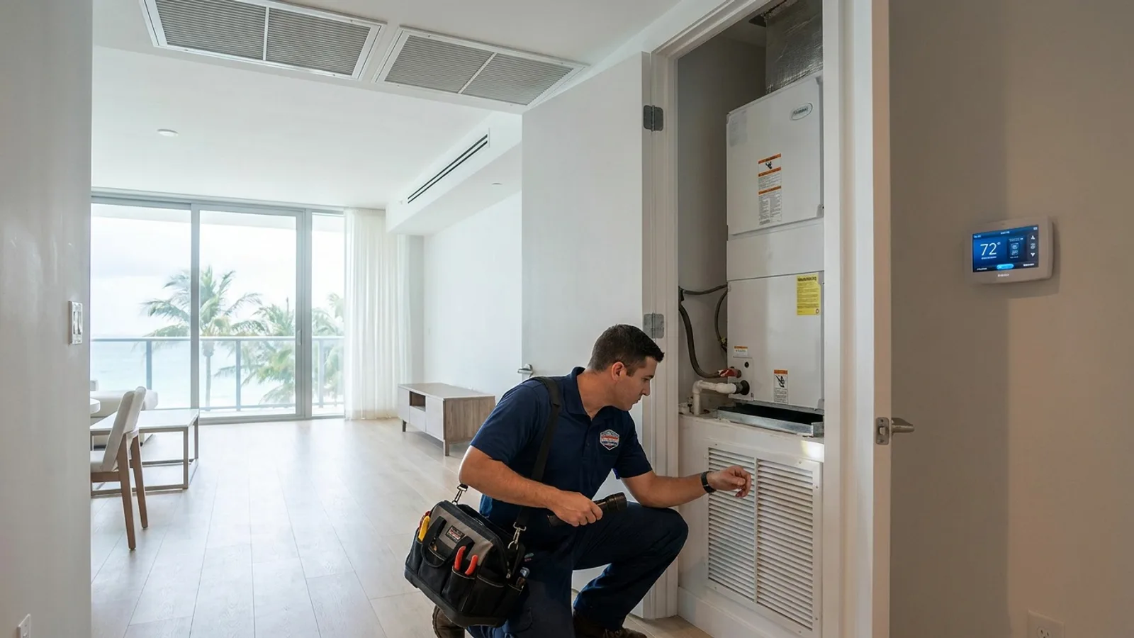 Technician checking an indoor air handler for an AC not cooling in a Miami condo