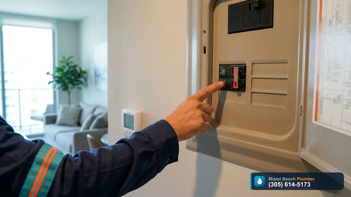 Tripped AC breaker in a Miami condo electrical panel showing AC tripping breaker issue