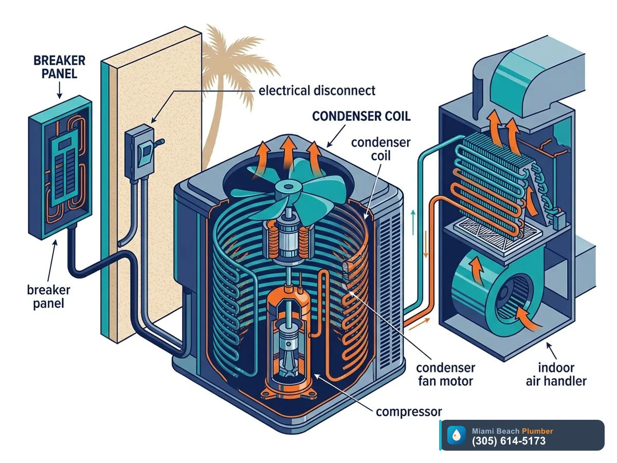 Cutaway diagram of a split air conditioner system showing components that can trip a breaker