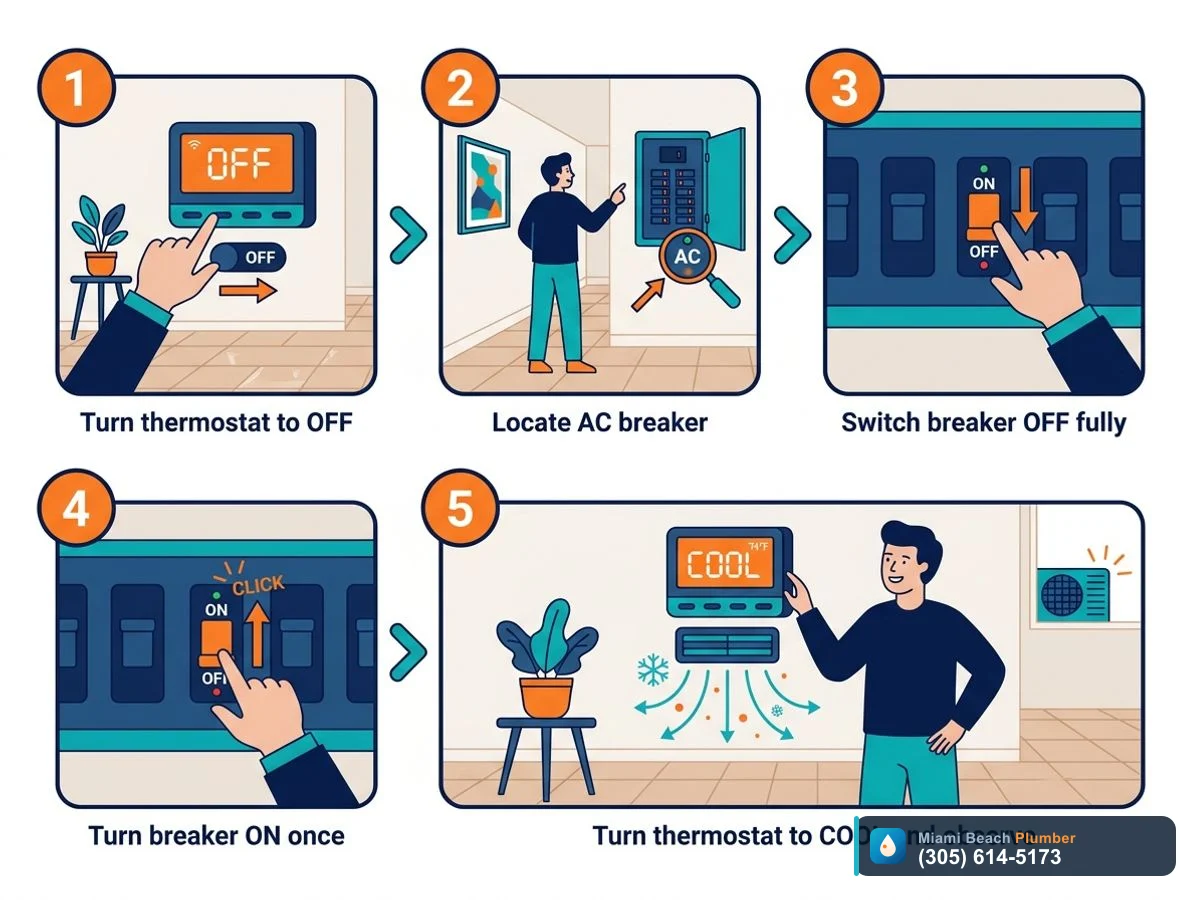 Step-by-step diagram showing how to safely reset an AC breaker one time and check the air filter