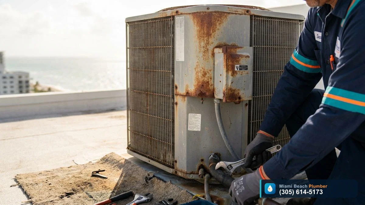 Rooftop AC unit on a Miami Beach condo showing corrosion that can contribute to breaker trips
