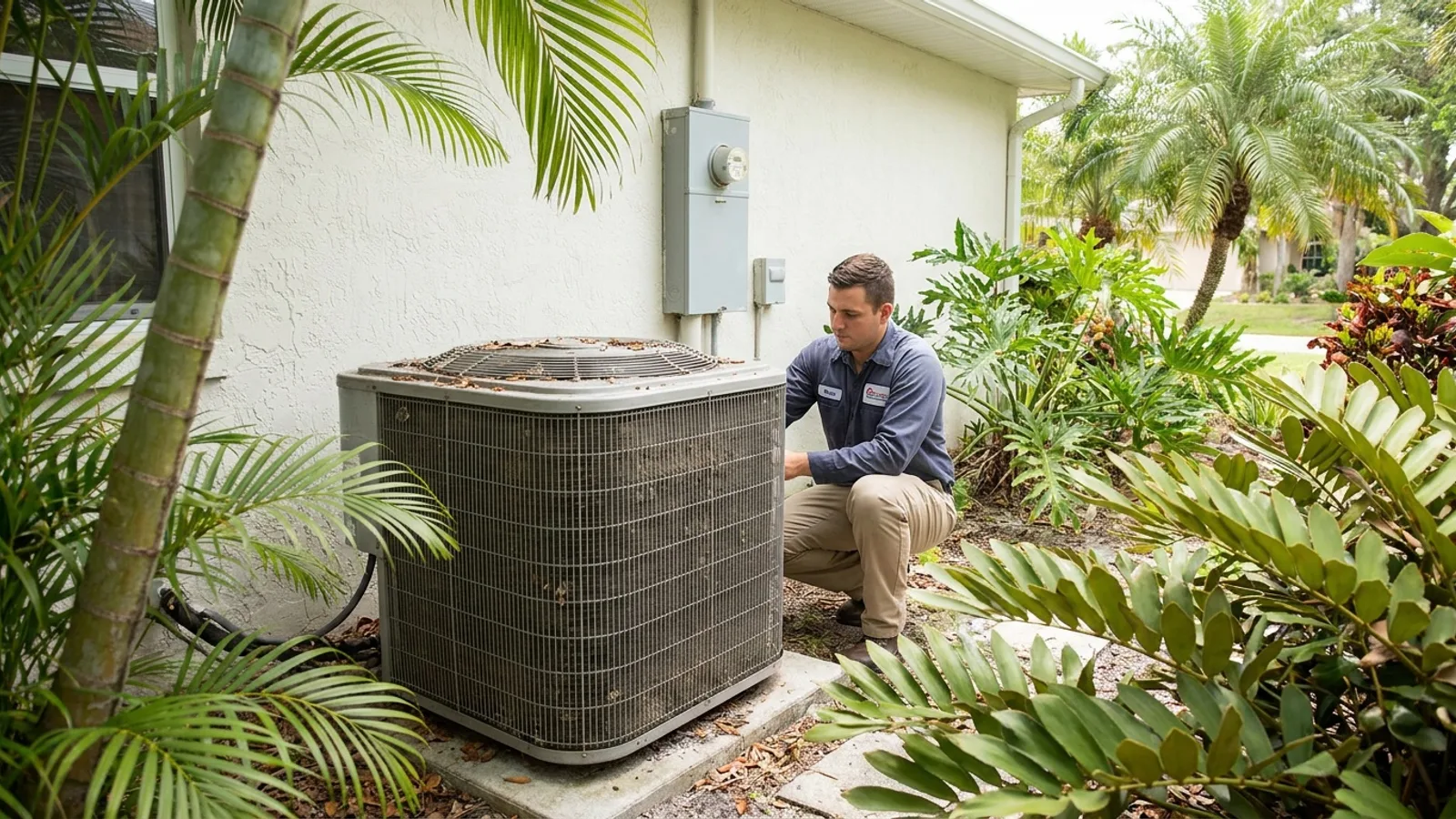 Technician checking an outdoor AC unit after it tripped a breaker at a Miami home