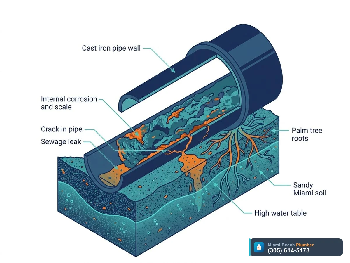 Cutaway diagram of a corroded cast iron drain pipe showing internal rust, scale, and a crack leaking sewage into Miami soil