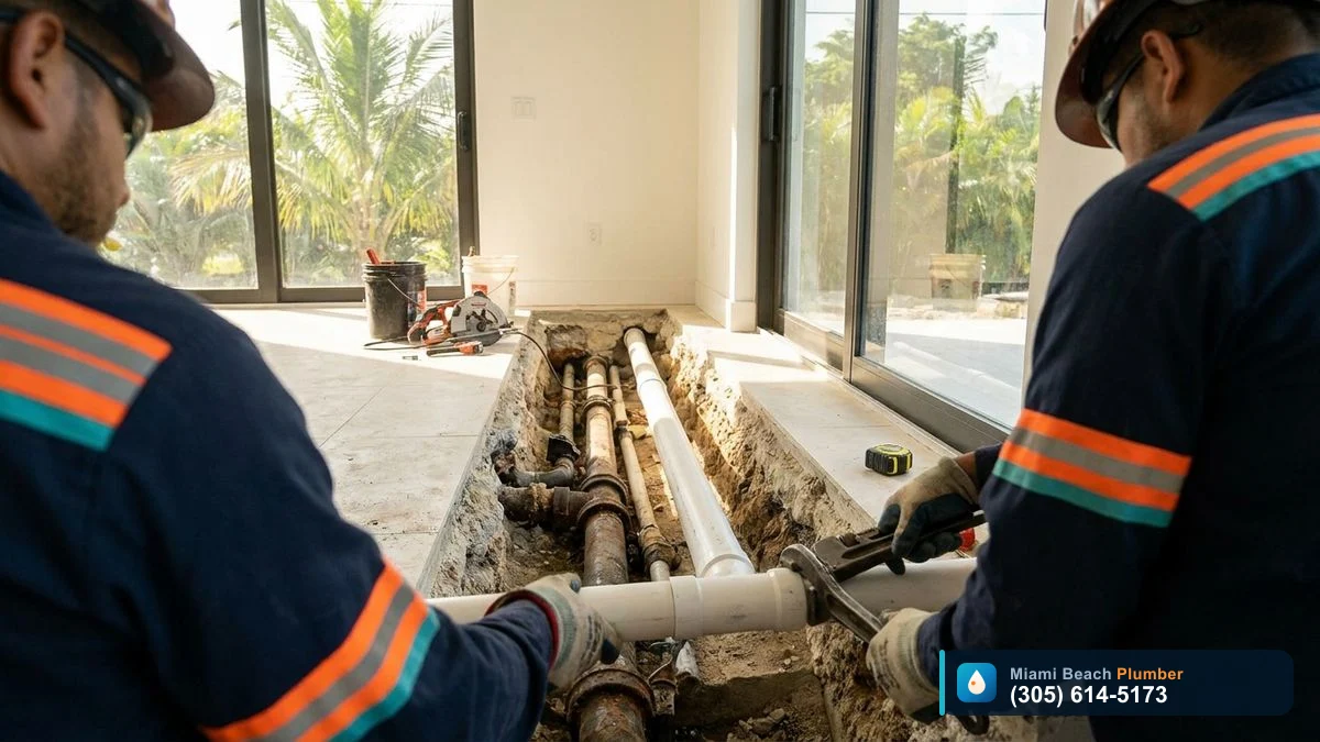 Plumbers replacing old cast iron pipes under a cut open floor in a Miami home, installing new PVC drain lines