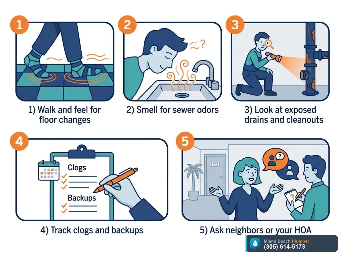 Step-by-step illustration of a homeowner checking for cast iron pipe problems by inspecting floors, odors, exposed pipes, and recording clogs