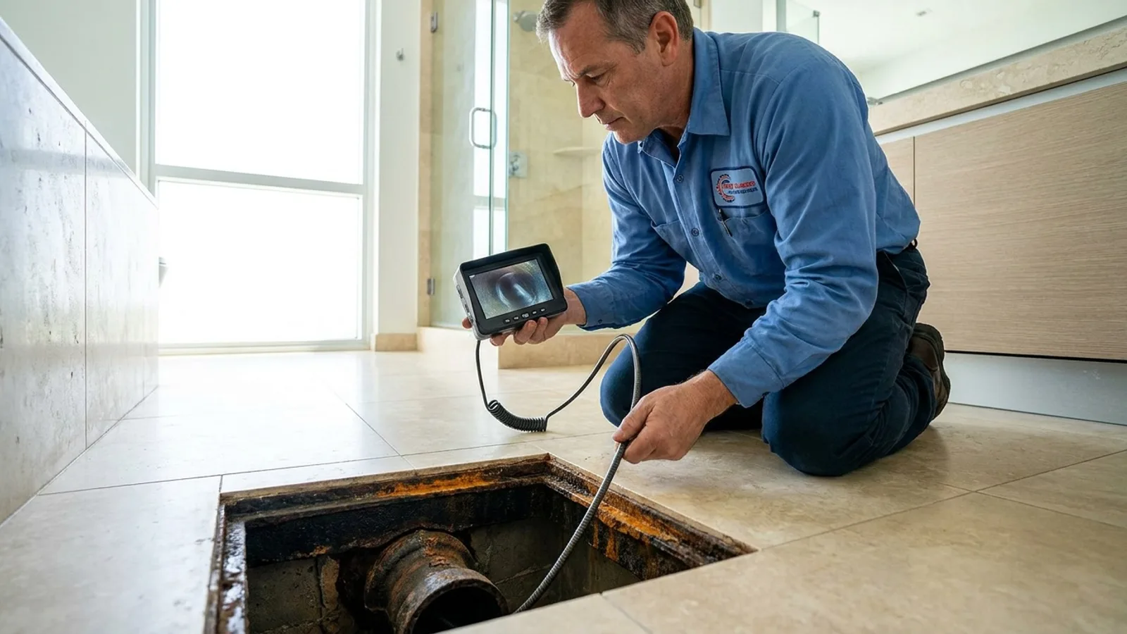 Plumber inspecting corroded cast iron drain pipe in a Miami home bathroom using a sewer camera