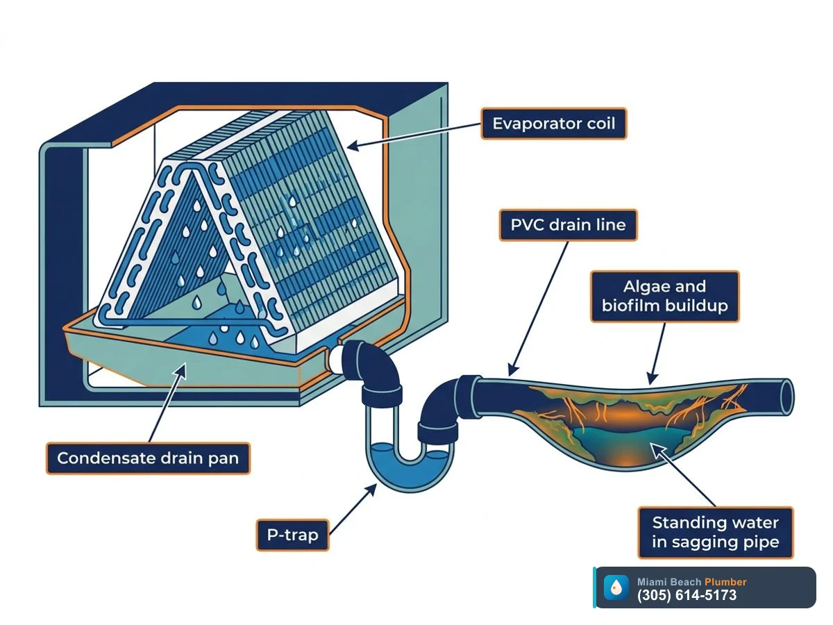 Cutaway diagram of an AC condensate drain line clogged by algae in a Miami home