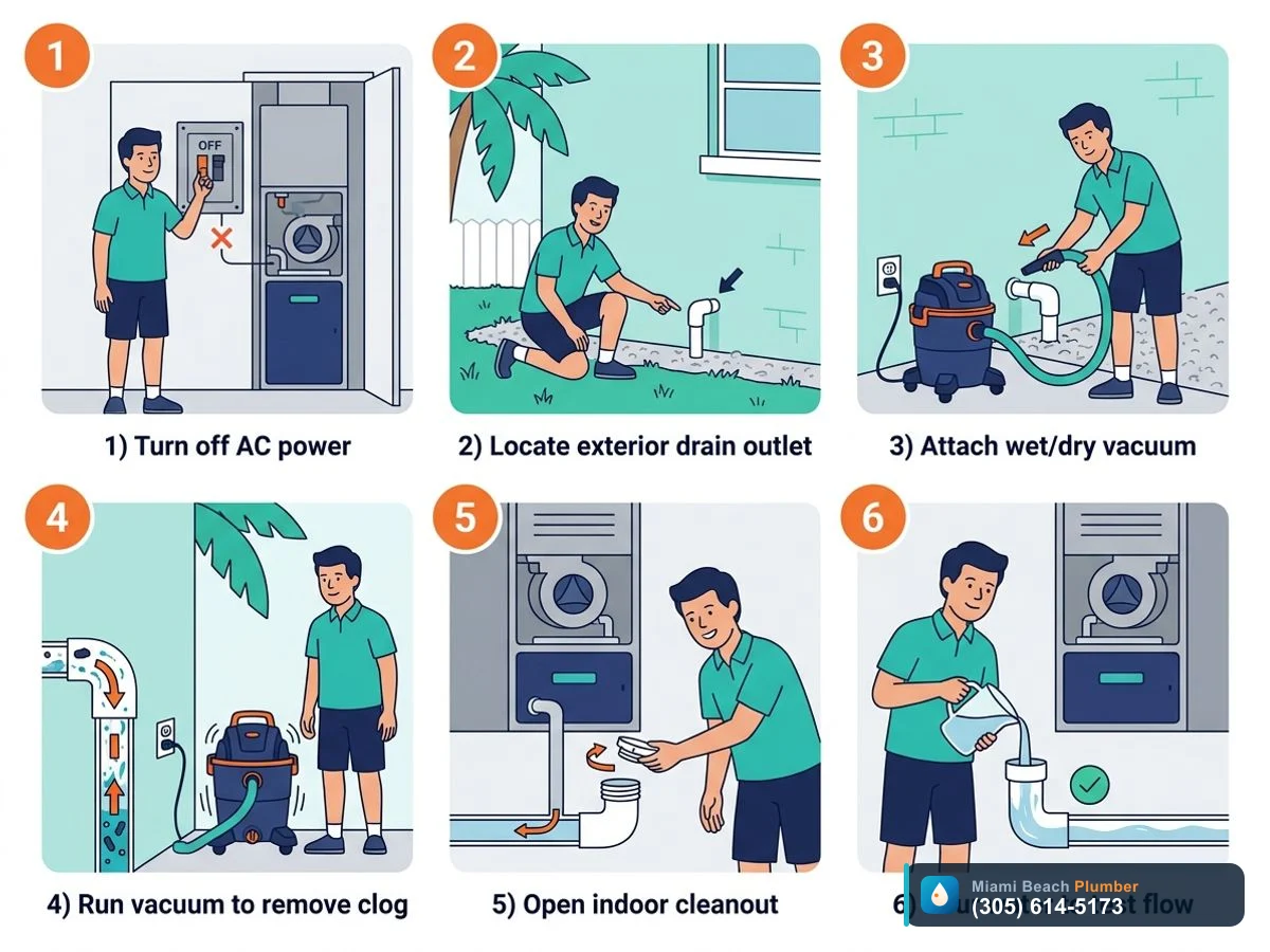 Step-by-step illustration of a homeowner clearing a mildly clogged AC drain line with a wet dry vacuum and cleanout