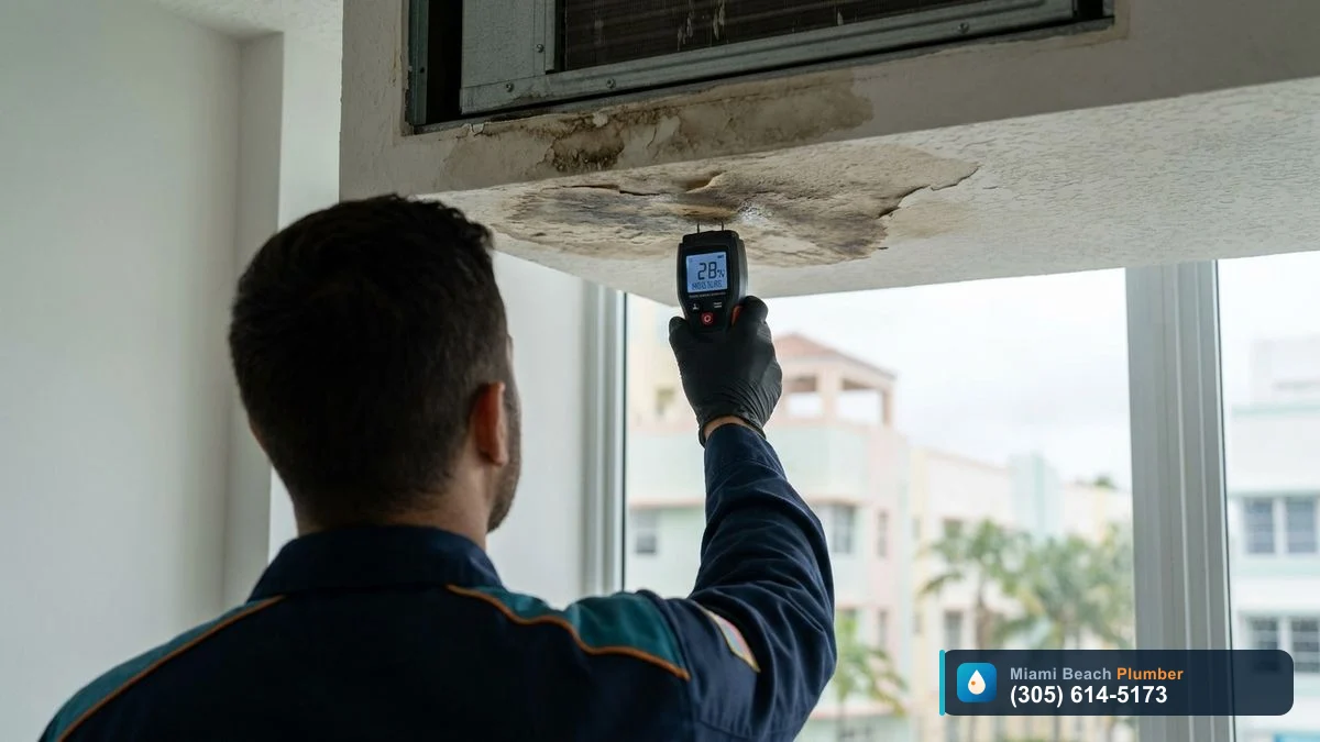 Water-stained ceiling below a leaking AC drain line in a Miami Beach condo being inspected for damage