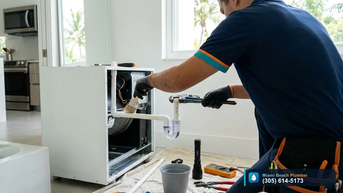 Licensed plumber in Miami performing routine cleaning of an AC condensate drain line