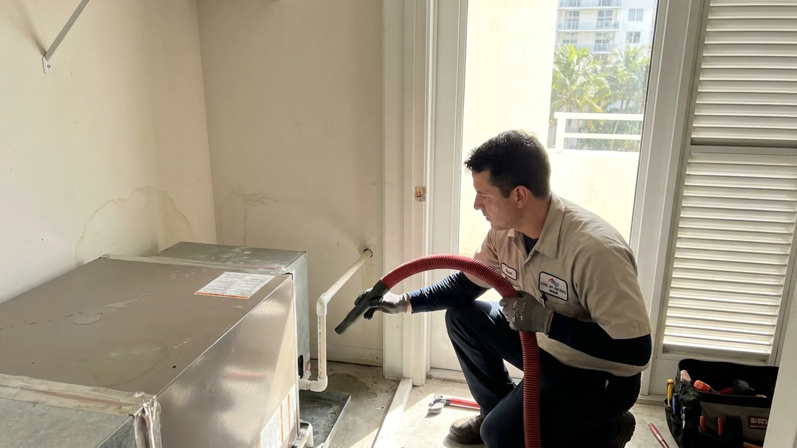 Technician inspecting a clogged AC condensate drain line in a Miami condo utility closet