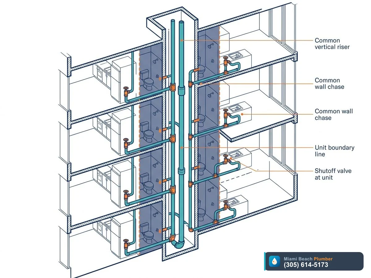Cutaway diagram of Miami condo plumbing showing common riser and unit branch lines that affect Florida Statute 718 water damage responsibility