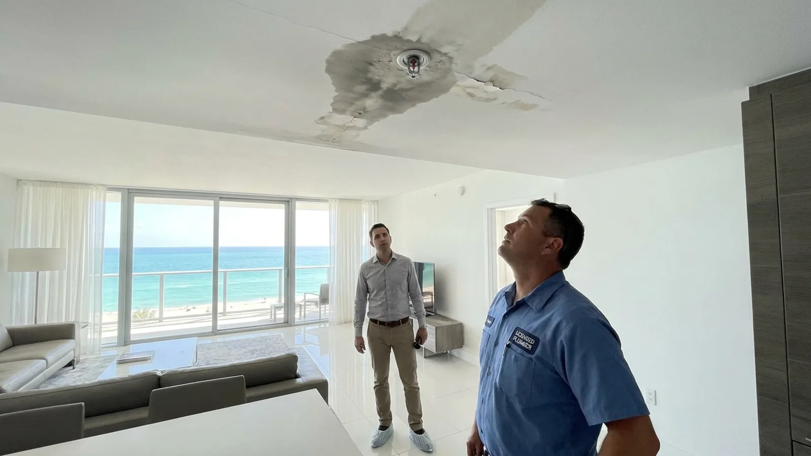 Miami high-rise condo hallway with plumbers and property manager inspecting a ceiling water leak between units