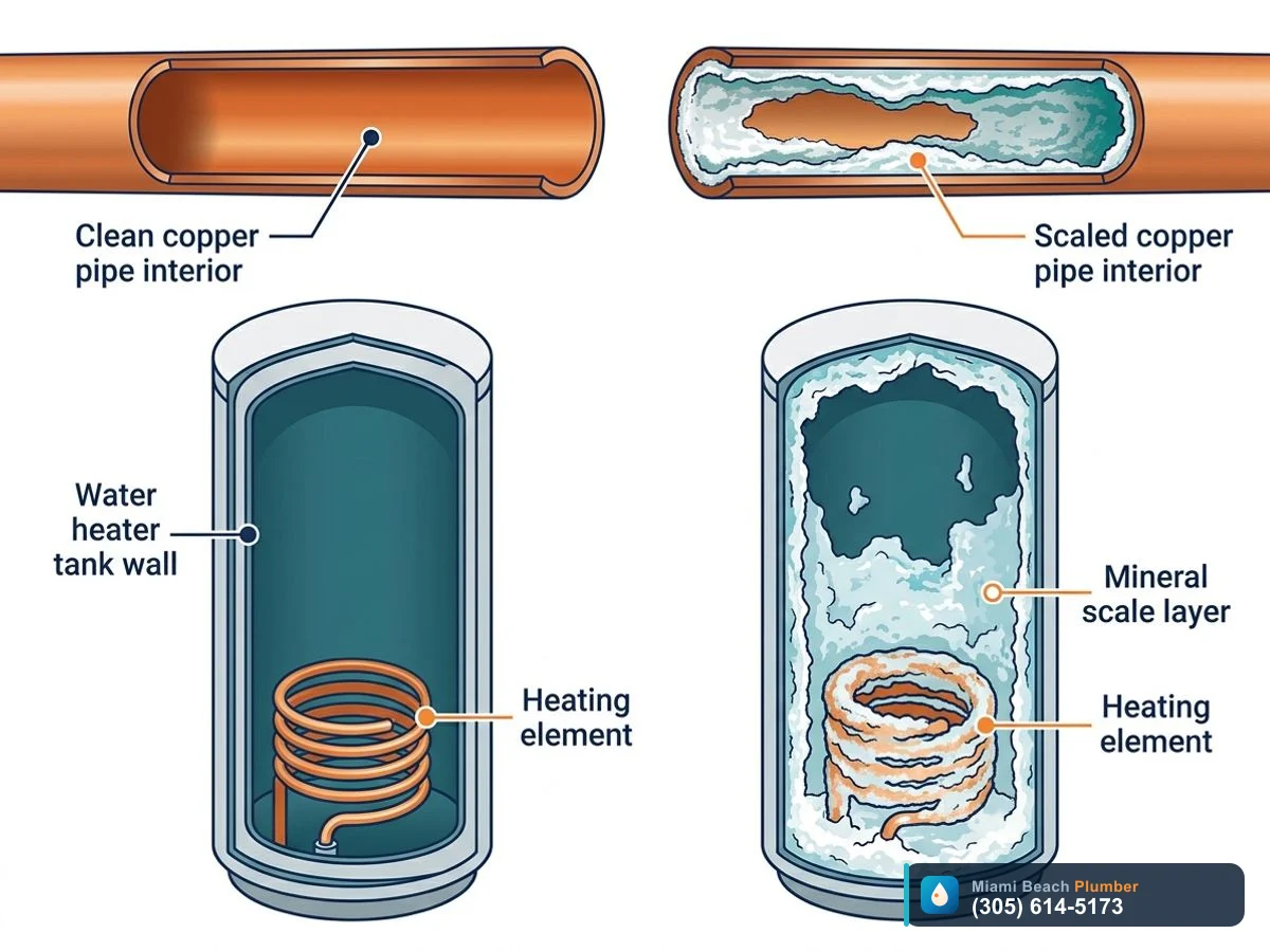 Cutaway diagram showing mineral scale buildup from hard water inside copper pipes and a water heater tank