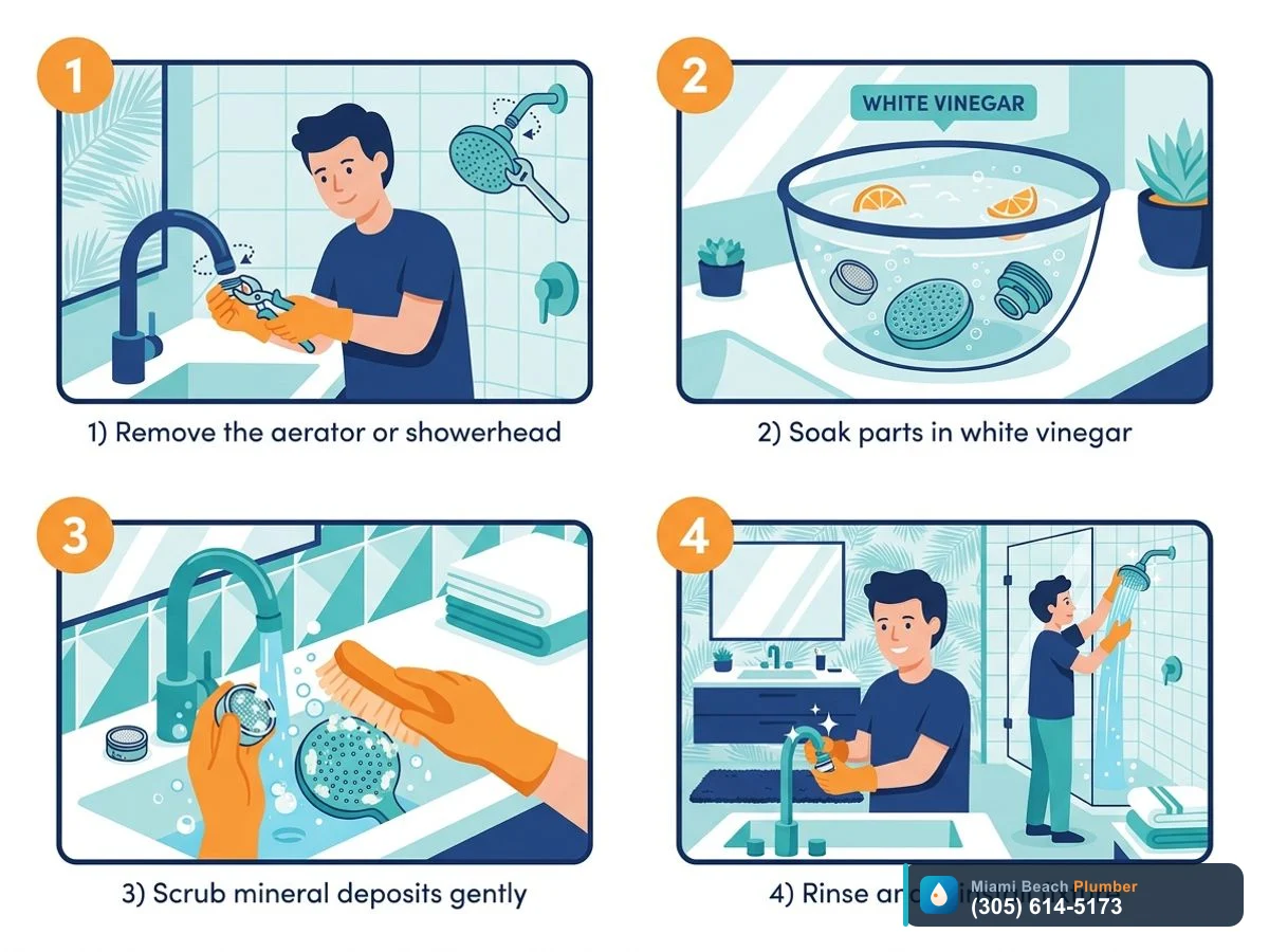 Step by step diagram of safely cleaning hard water scale from a faucet and showerhead with vinegar in a Miami home