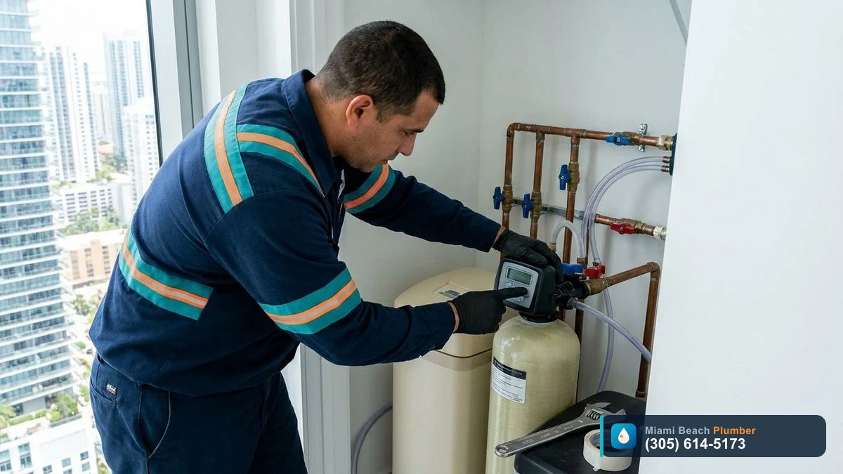 Miami plumber standing next to a compact water softener and filtration system installed in a condo utility closet