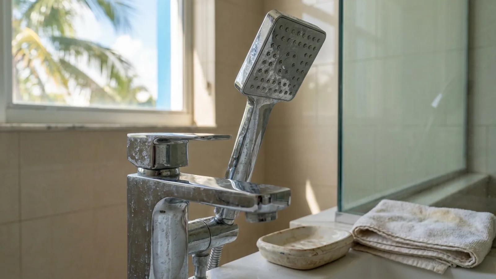 Miami homeowner inspecting bathroom faucet with visible white hard water deposits around the base and spout