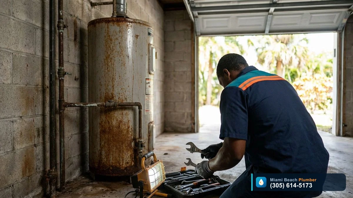Corroding water heater in a humid Miami garage showing how Florida conditions shorten water heater lifespan