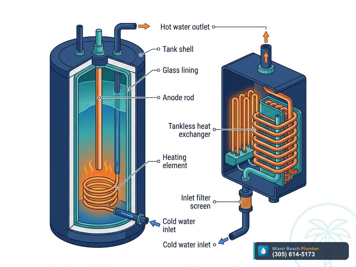 Cutaway diagram comparing tank and tankless water heater internals and key components affecting lifespan in Florida