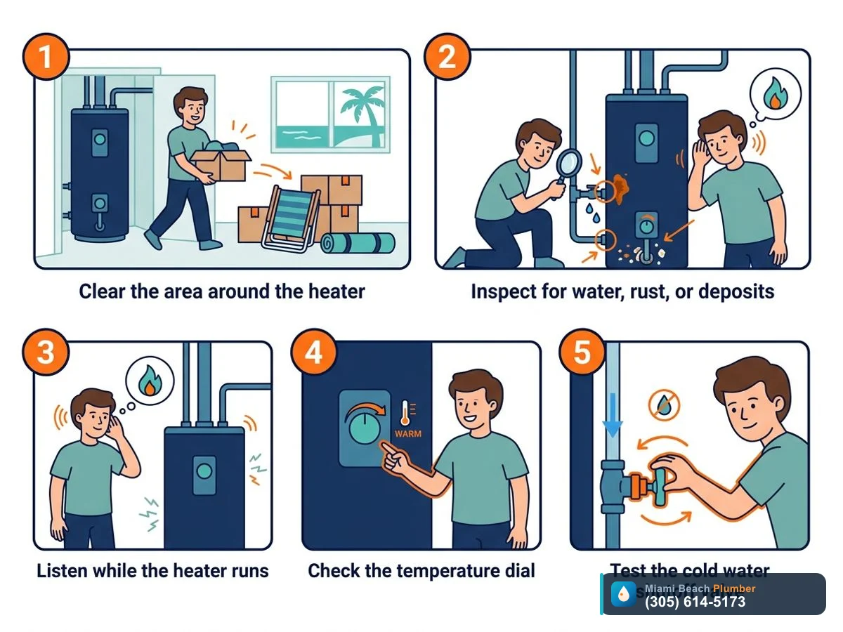 Step-by-step visual guide showing a Miami homeowner safely inspecting a water heater for early warning signs