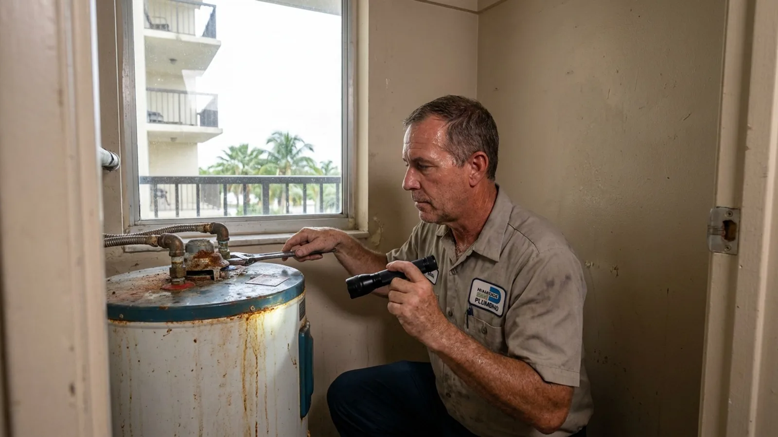 Licensed Miami plumber inspecting an older electric water heater in a Miami Beach condo utility closet for signs of corrosion and leaks