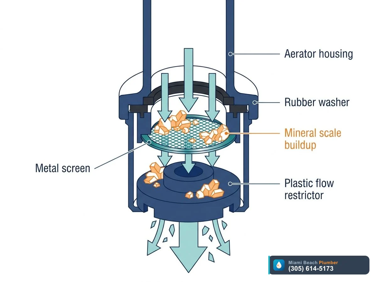 Cutaway diagram of a faucet aerator showing internal screen, flow restrictor, and mineral scale buildup from hard water