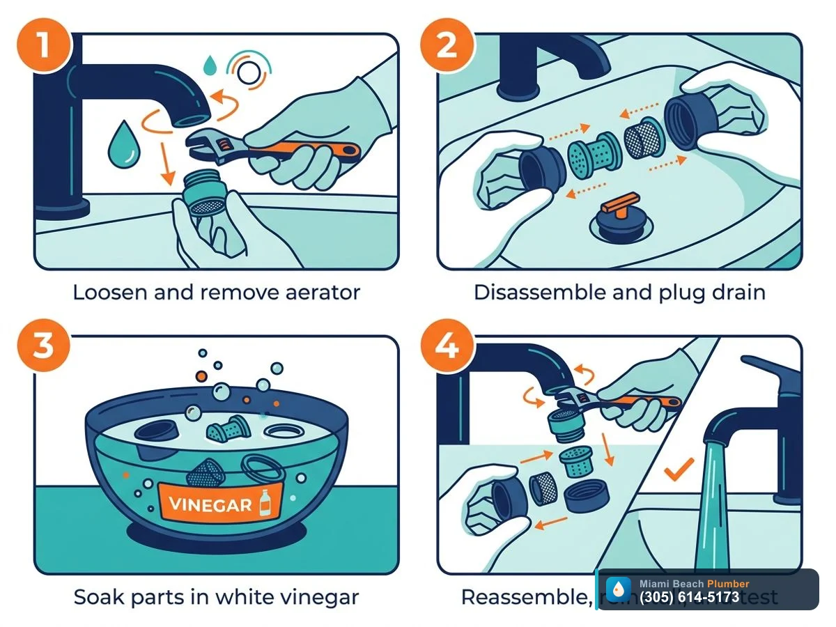 Step-by-step images showing removal, cleaning, soaking in vinegar, and reinstallation of a bathroom faucet aerator