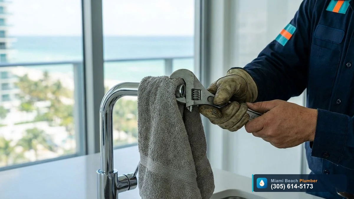 Person using pliers wrapped in a cloth to remove a faucet aerator from a chrome kitchen faucet without scratching it