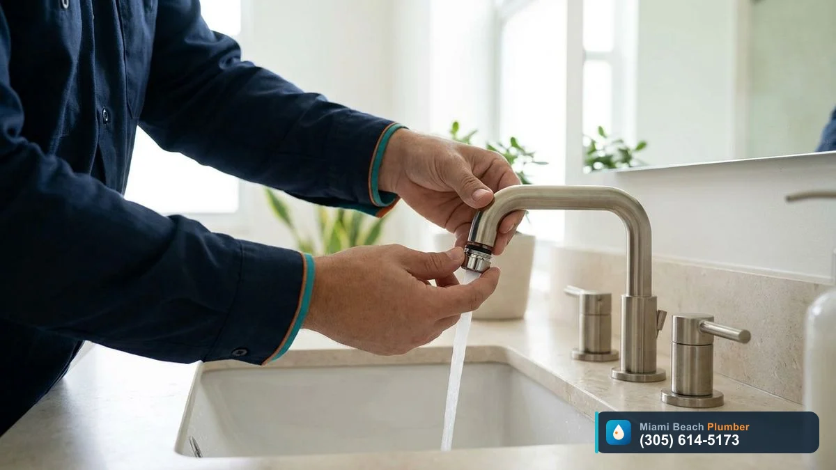Clean faucet aerator being reinstalled on a bathroom faucet with a smooth, even water stream