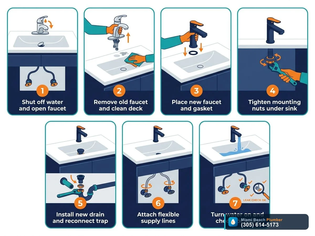 Step-by-step diagram showing the main stages of installing a new bathroom sink faucet