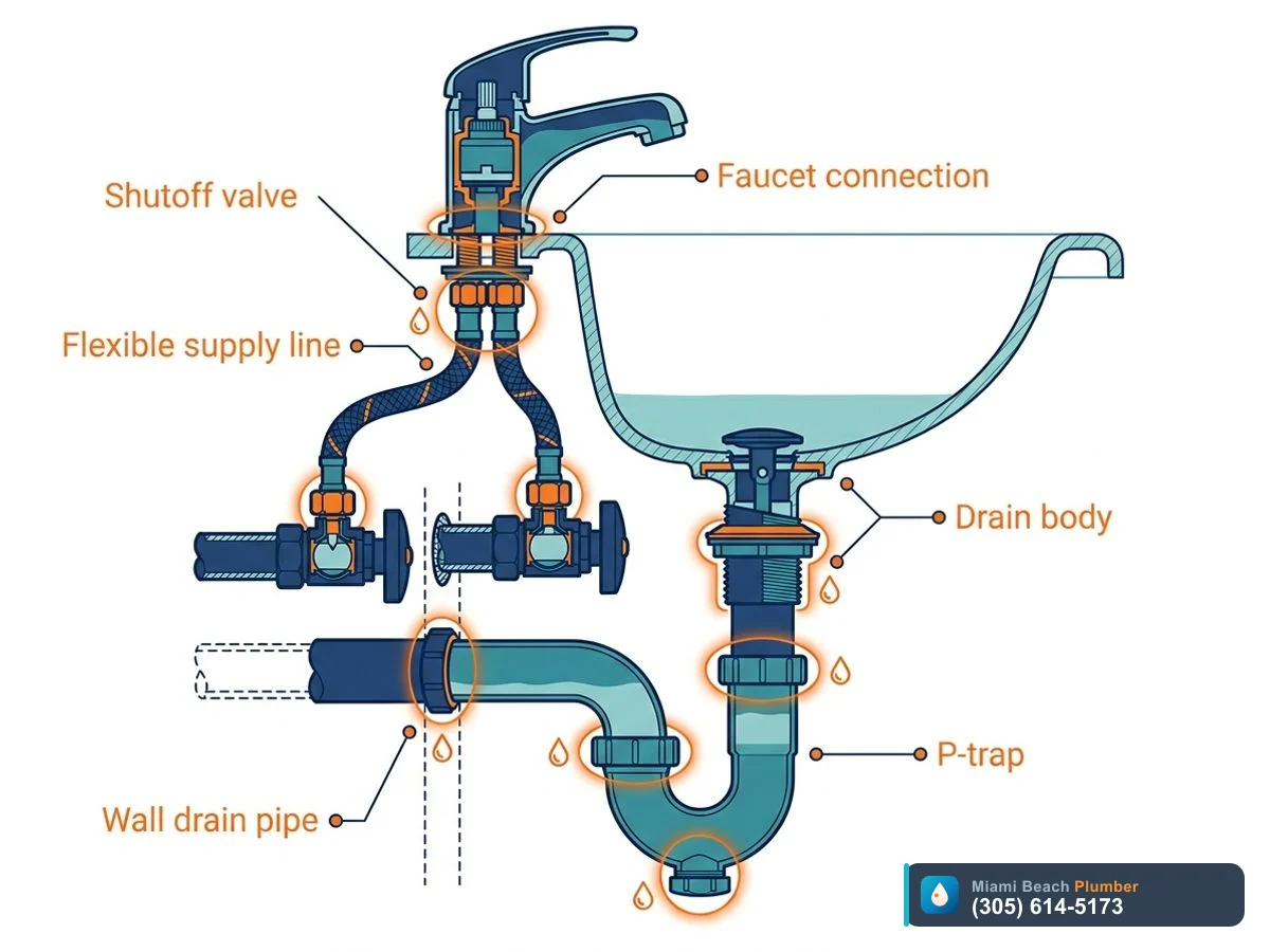 Cutaway diagram of bathroom sink plumbing highlighting typical leak points after faucet installation
