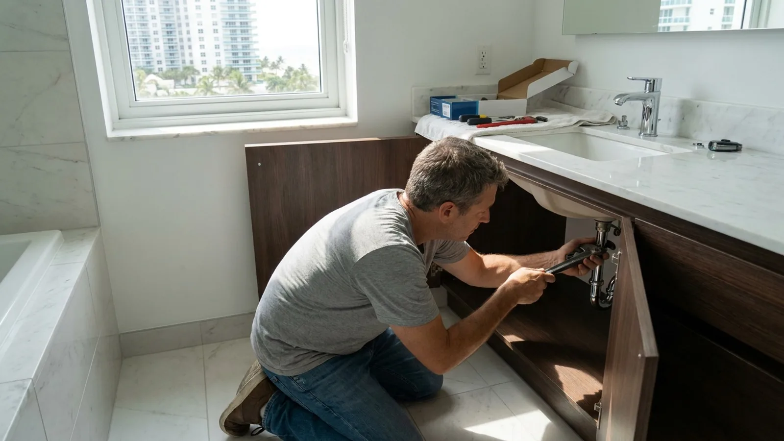 Homeowner installing a new bathroom sink faucet on a vanity