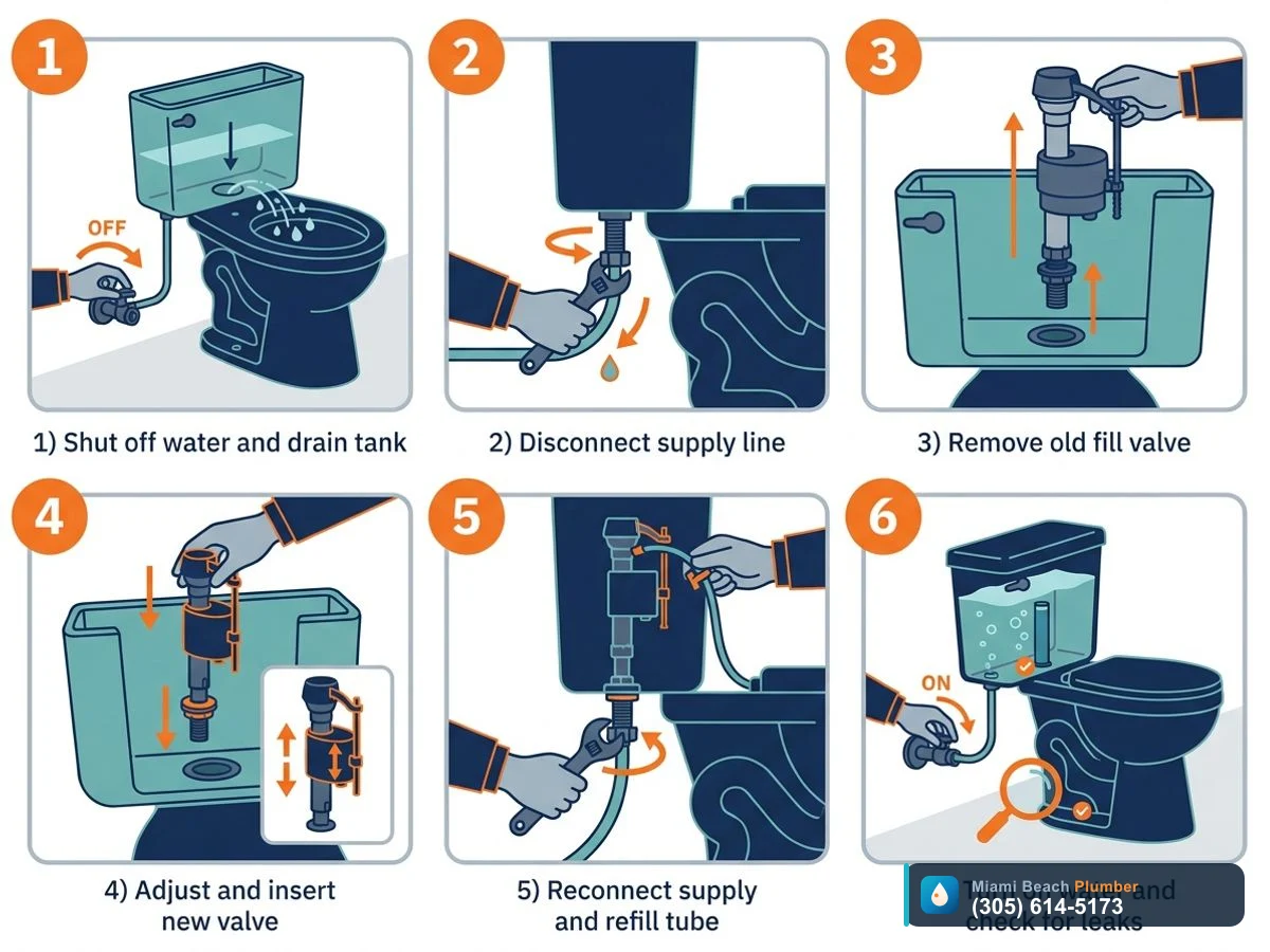 Step by step diagram illustrating how to replace a toilet fill valve