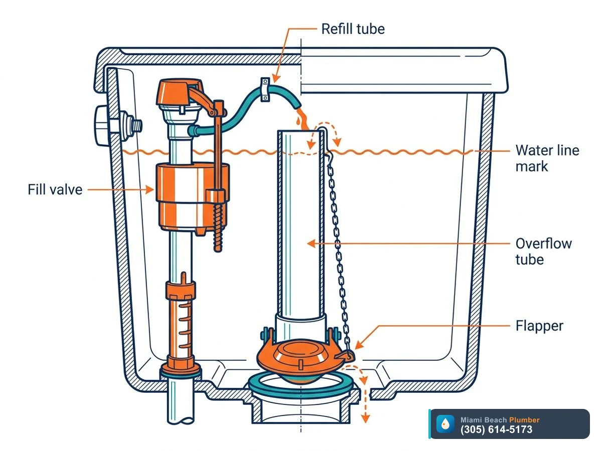 Cutaway diagram of a toilet tank showing the fill valve and related parts that cause a running toilet