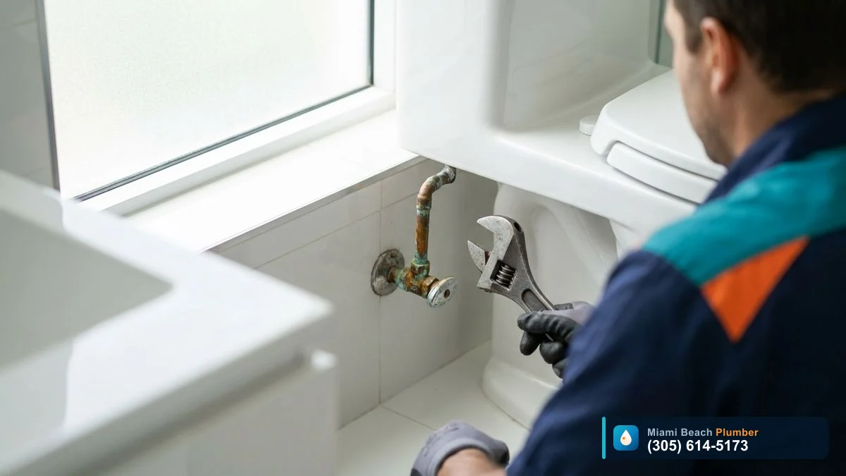 Corroded toilet shutoff valve and supply line being inspected before fill valve replacement