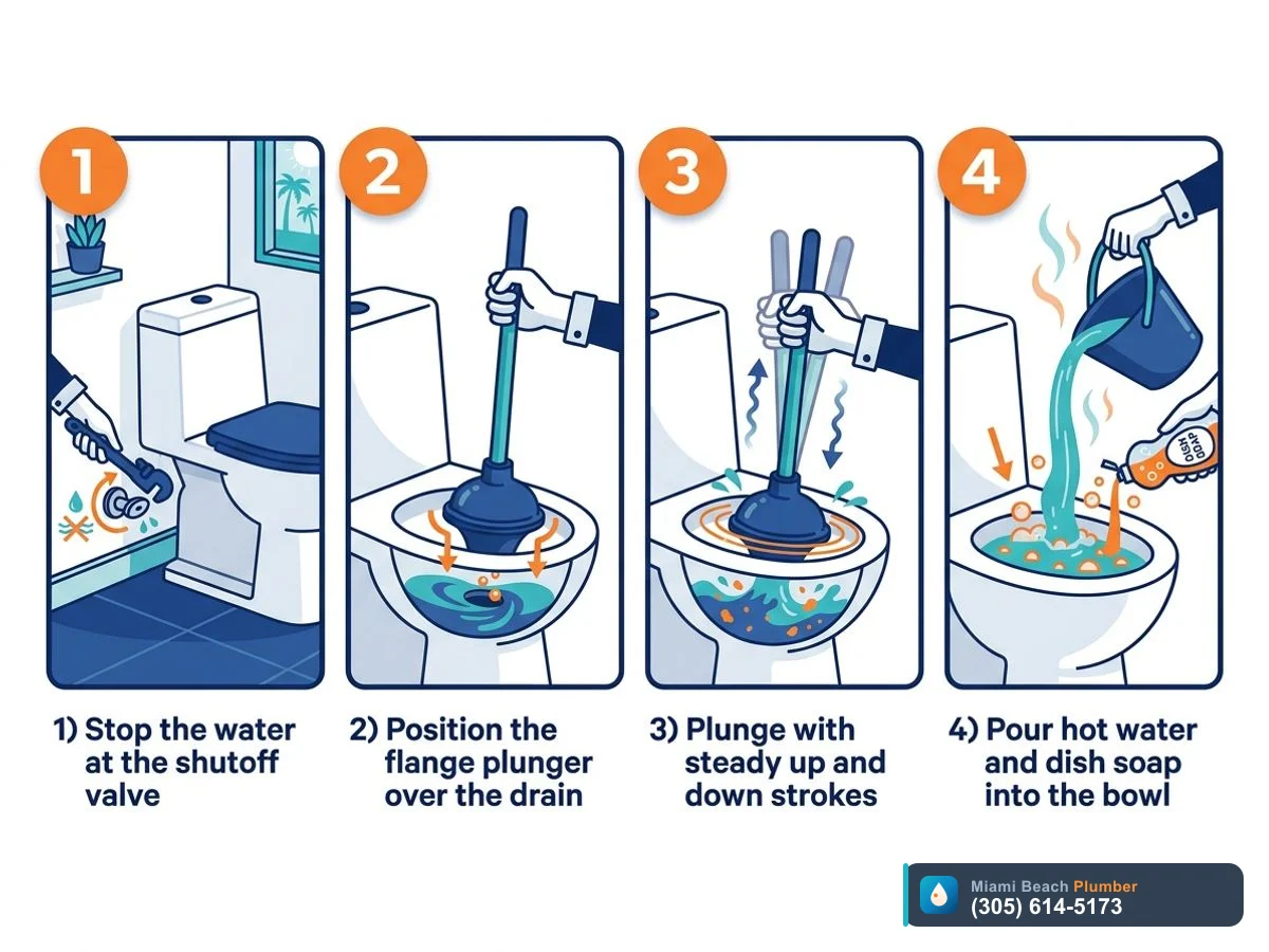 Step-by-step diagram showing how to unclog a toilet with a plunger and hot water with dish soap