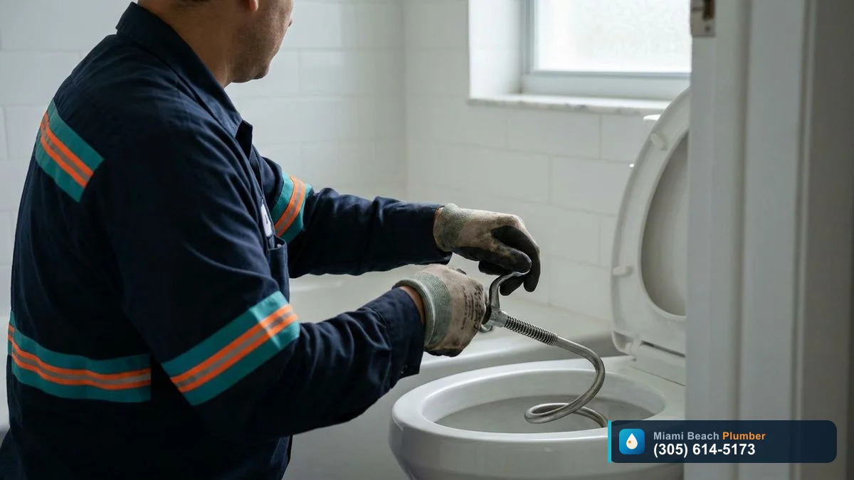 Plumber using a toilet auger correctly to clear a stubborn toilet clog
